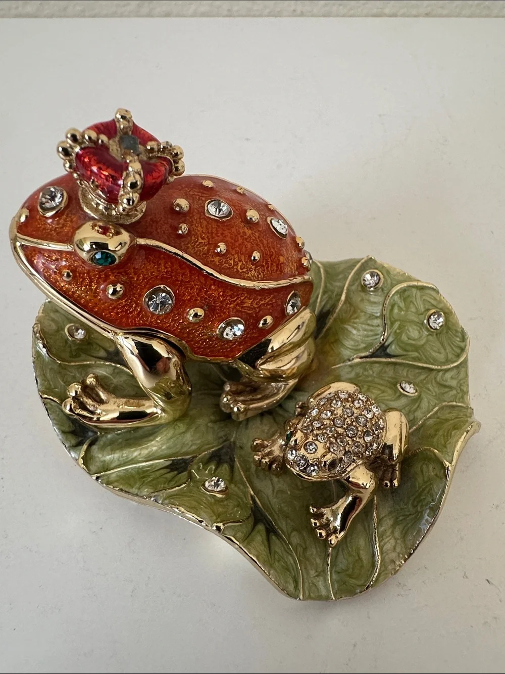 Piearth Crowned Orange Frog & Green Baby Frog Handmade Jewelry Trinket Box